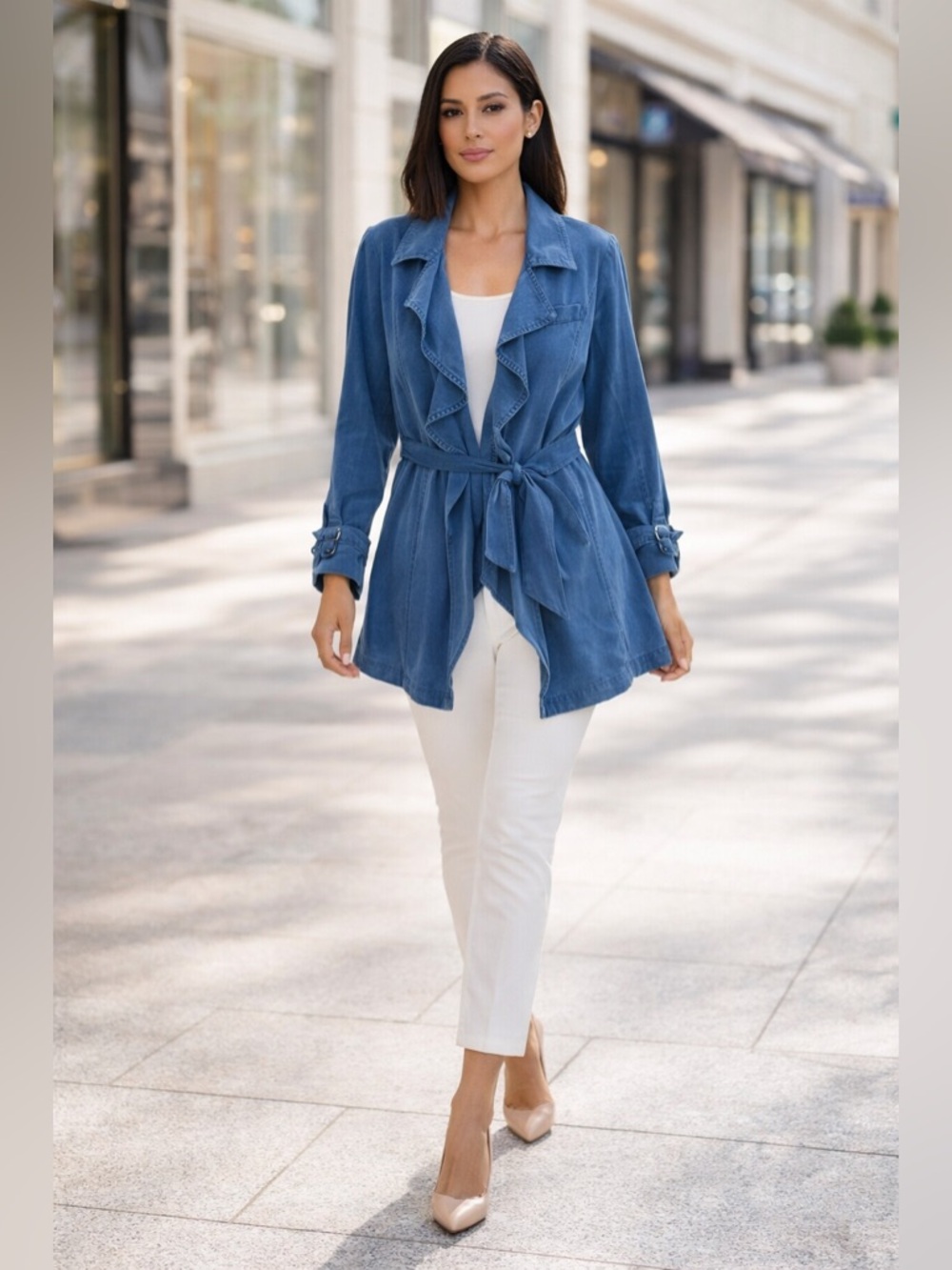 White House Black Market Blue Lyocell Tie Waist Jacket  12 Drape Open Front